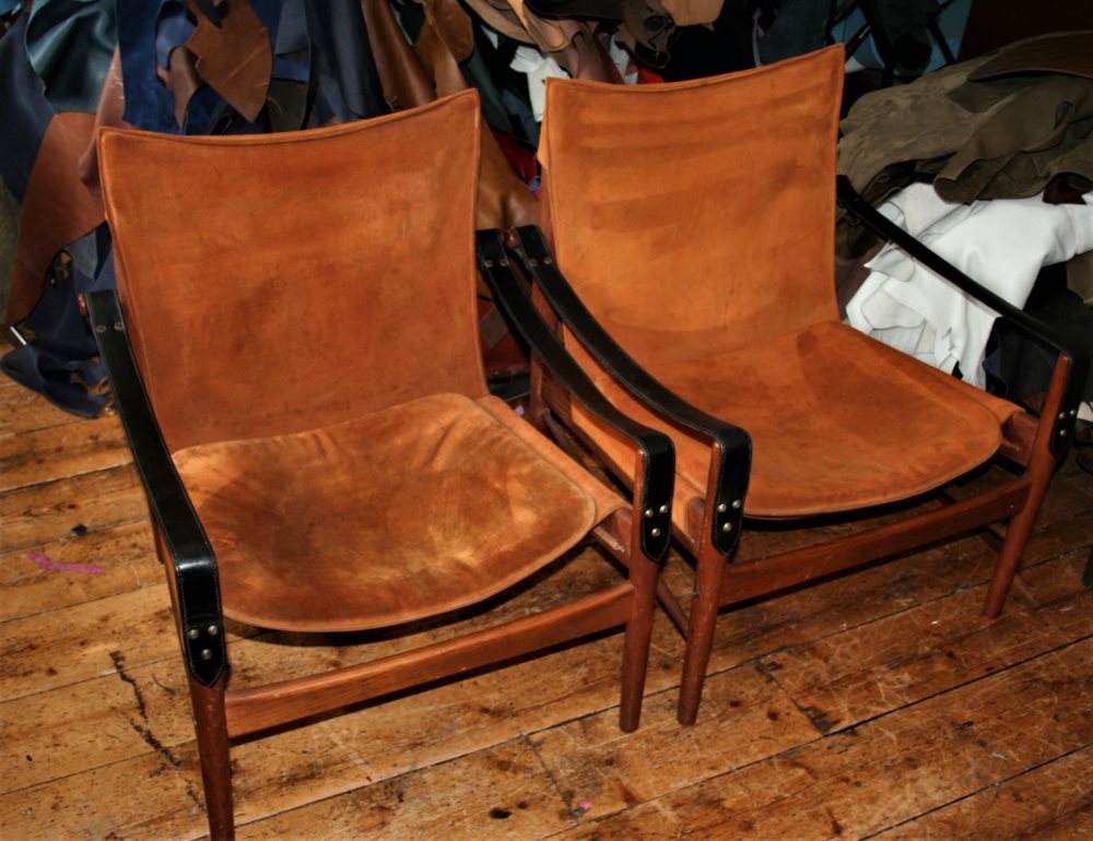 1970`s Suede Seats And Bridle Leather Arms Campaign Chairs